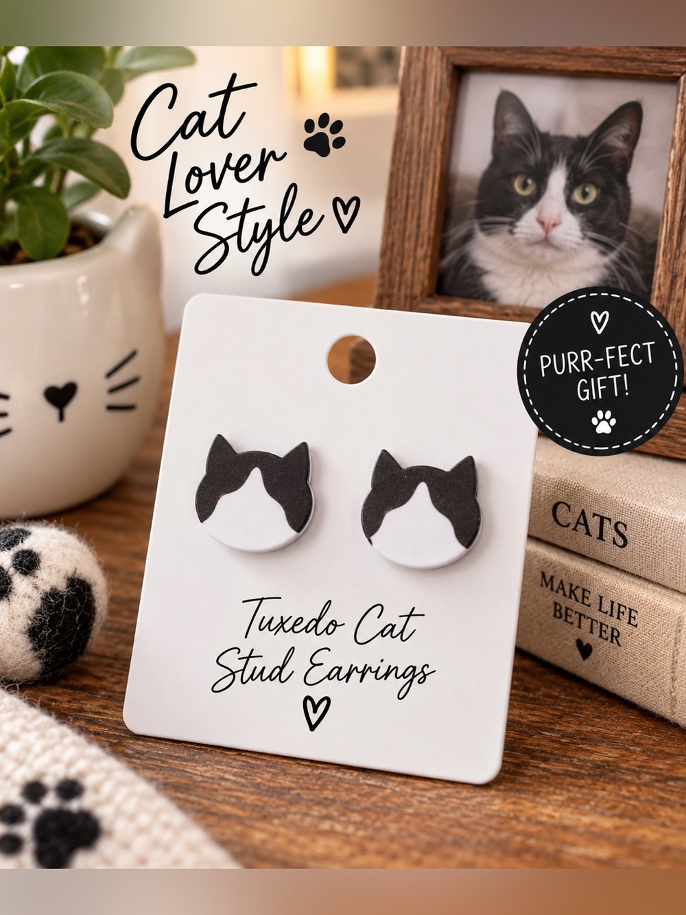 Tuxedo Cat Stud Earrings Black & White Kitty Earrings Cute Cat Lover Gift New